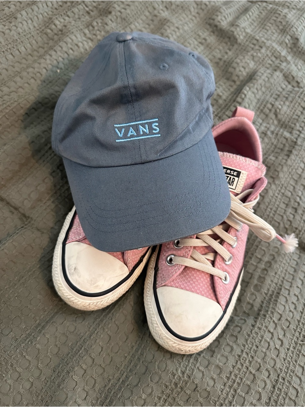 Converse Pink Low-Top Canvas Sneakers with Vans hat